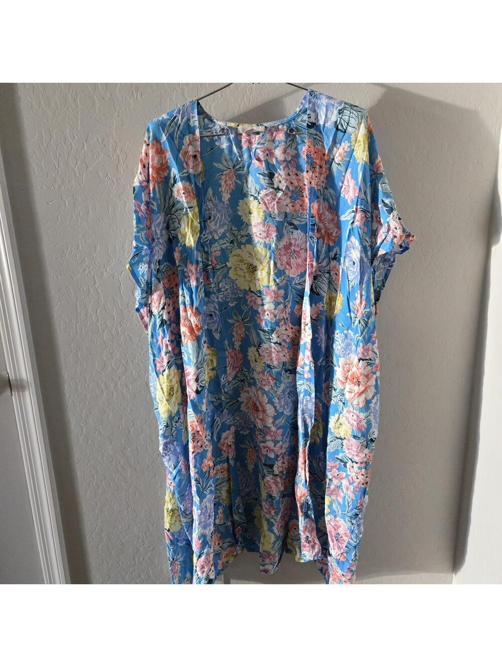 Loft Kimono Women's Med Large M/L Blue Multi Floral Wrap Duster Top Oversized